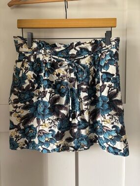 LOFT Teal, Yellow and Brown Floral Tie-Waist Mini Skirt